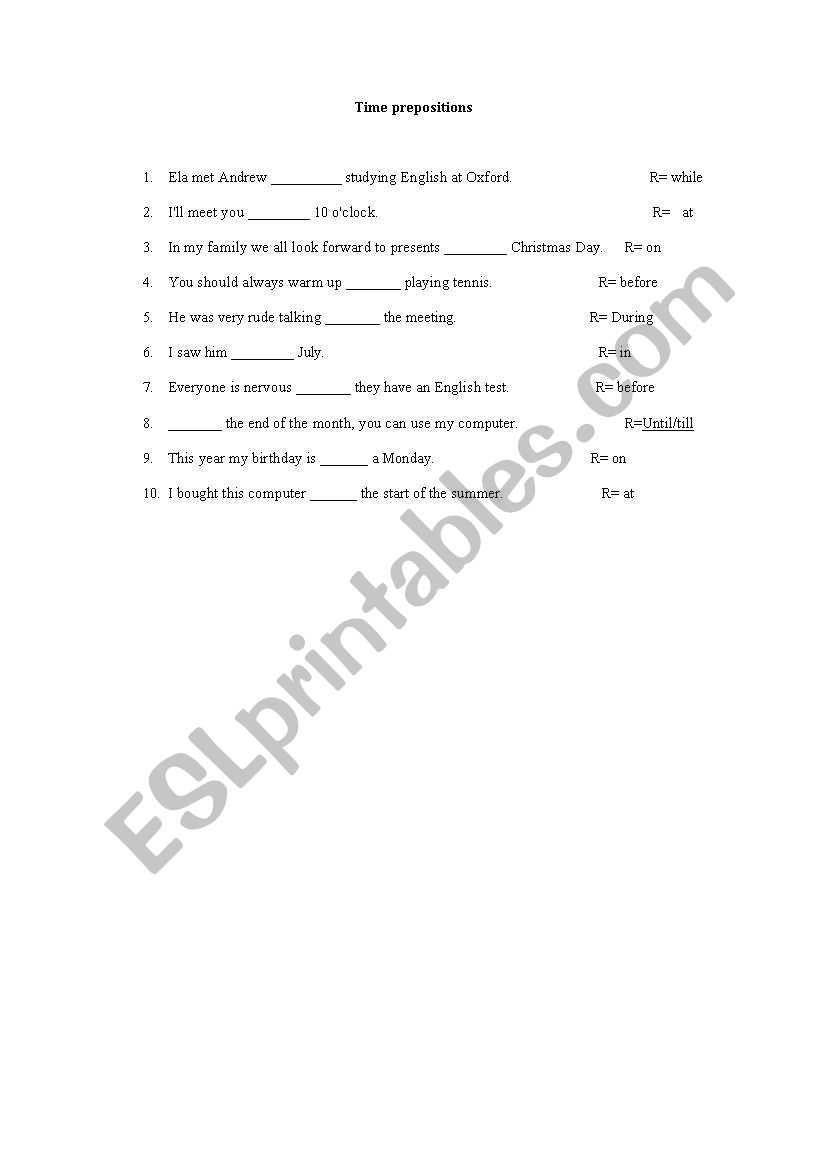 exercise prepositions of time worksheet