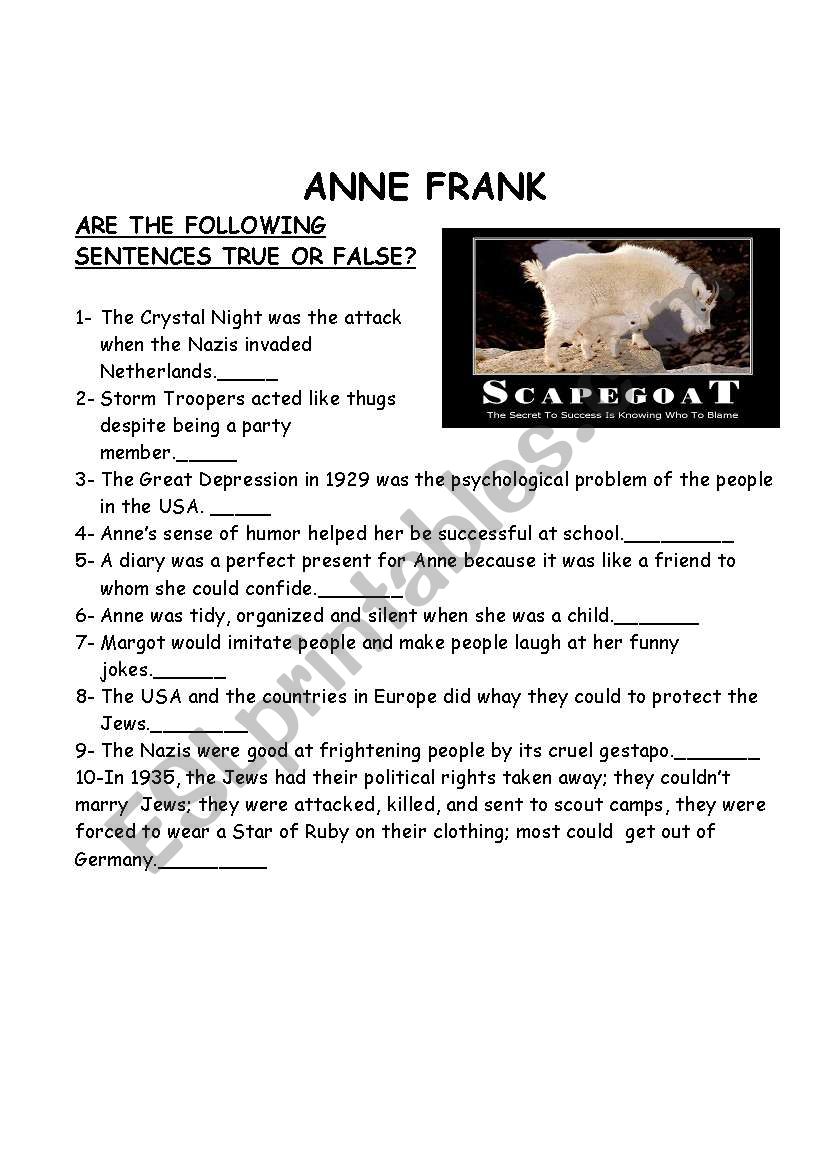 Anne Frank ESL Worksheet By Ugurlevo