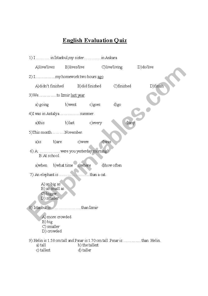 Evaluation Quiz worksheet