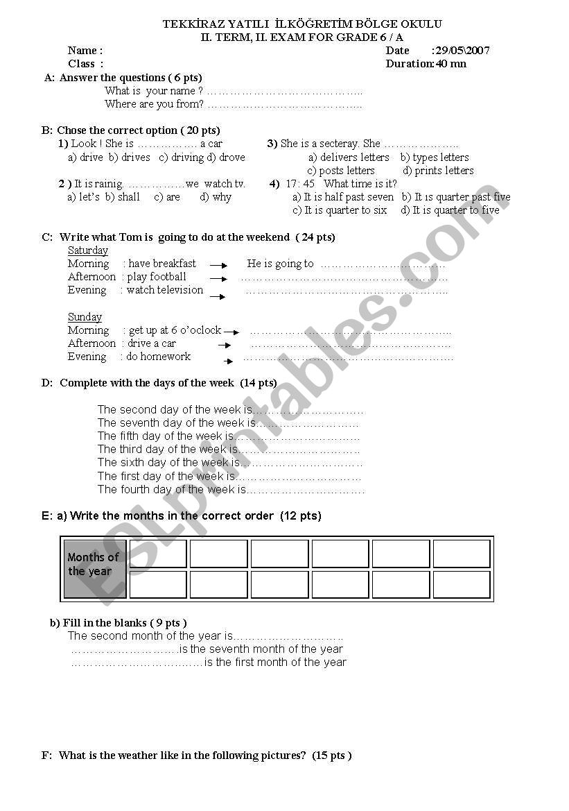 exam worksheet