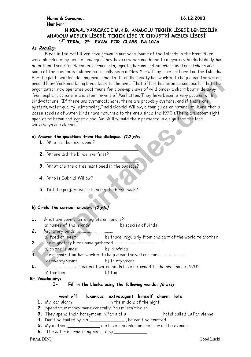 exam worksheet