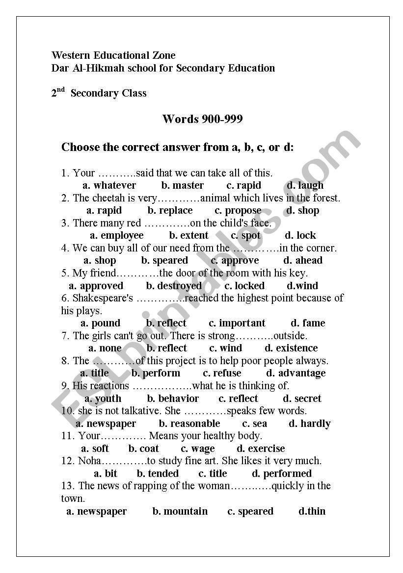 Vocabulary worksheet