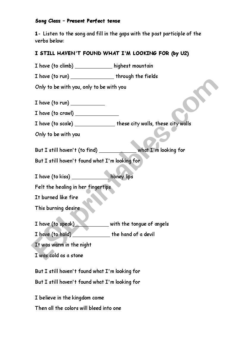 Present Perfect Tense Song Class ESL Worksheet By Glauciamarisa