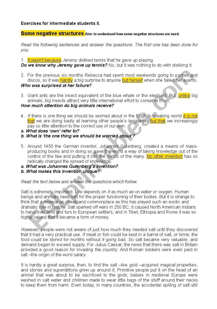 English Worksheets EXERCISES FOR INTERMEDIATE STUDENTS 2