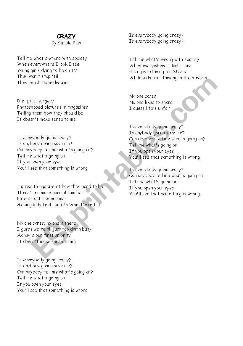 English worksheets: lyric of the song Crazy by Simple Plan