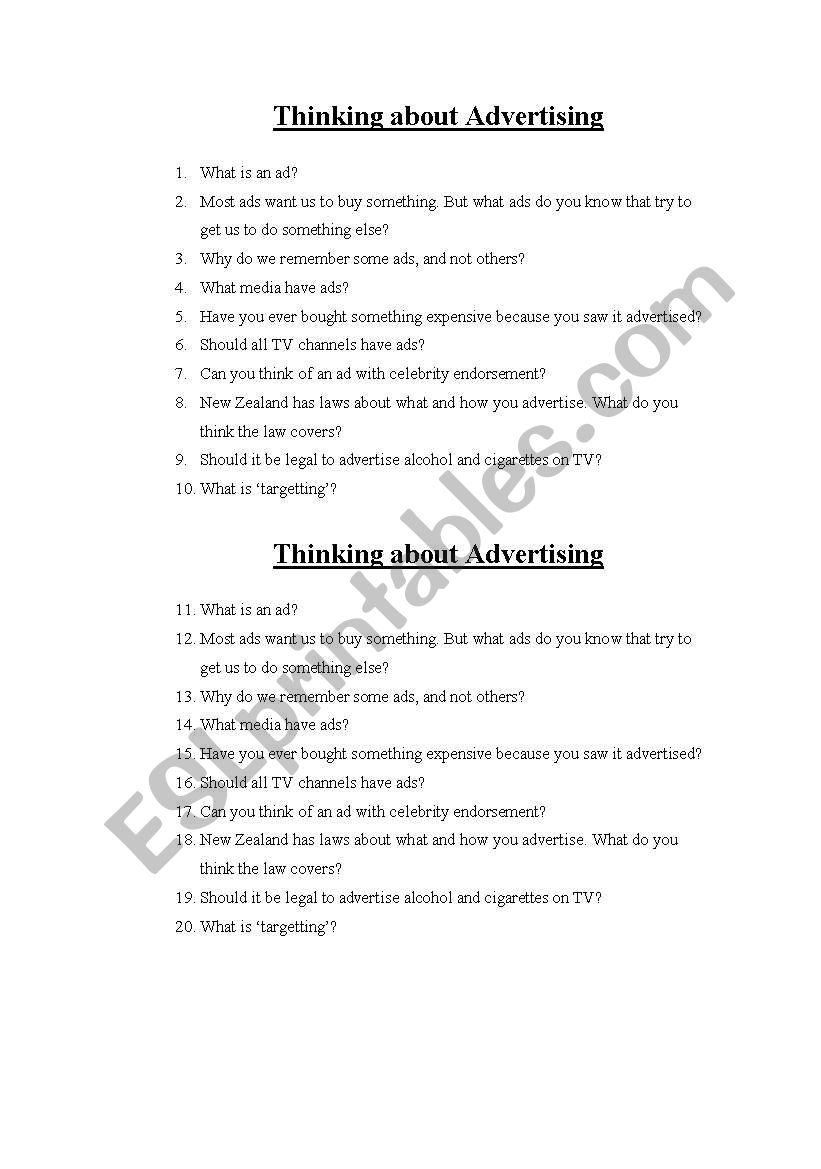 Thinking about advertising worksheet