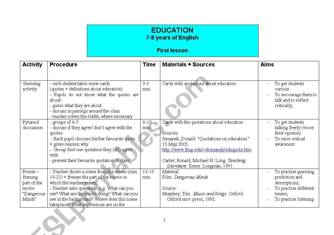 Lesson Plans: Education worksheet