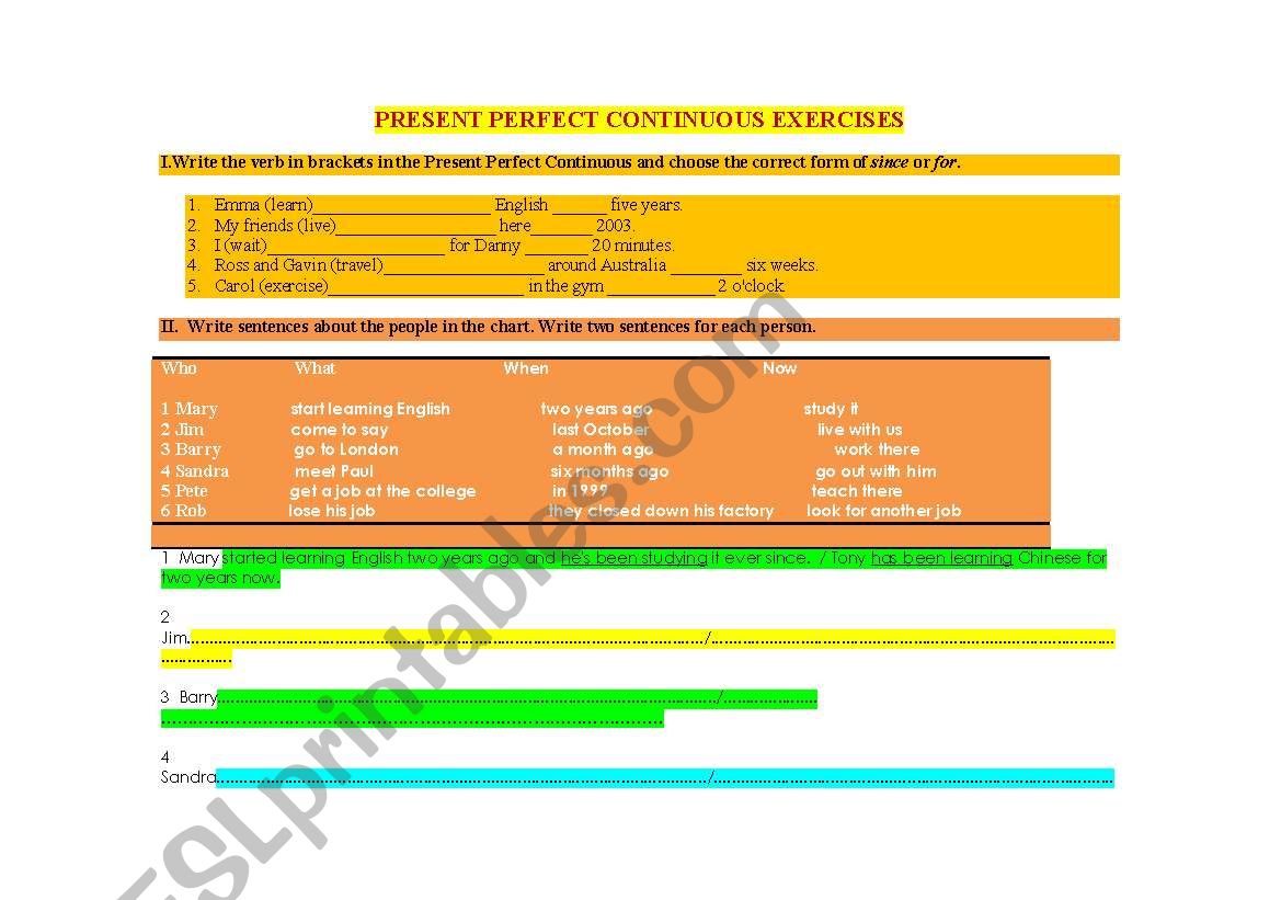 Present Perfect Continuous exercises