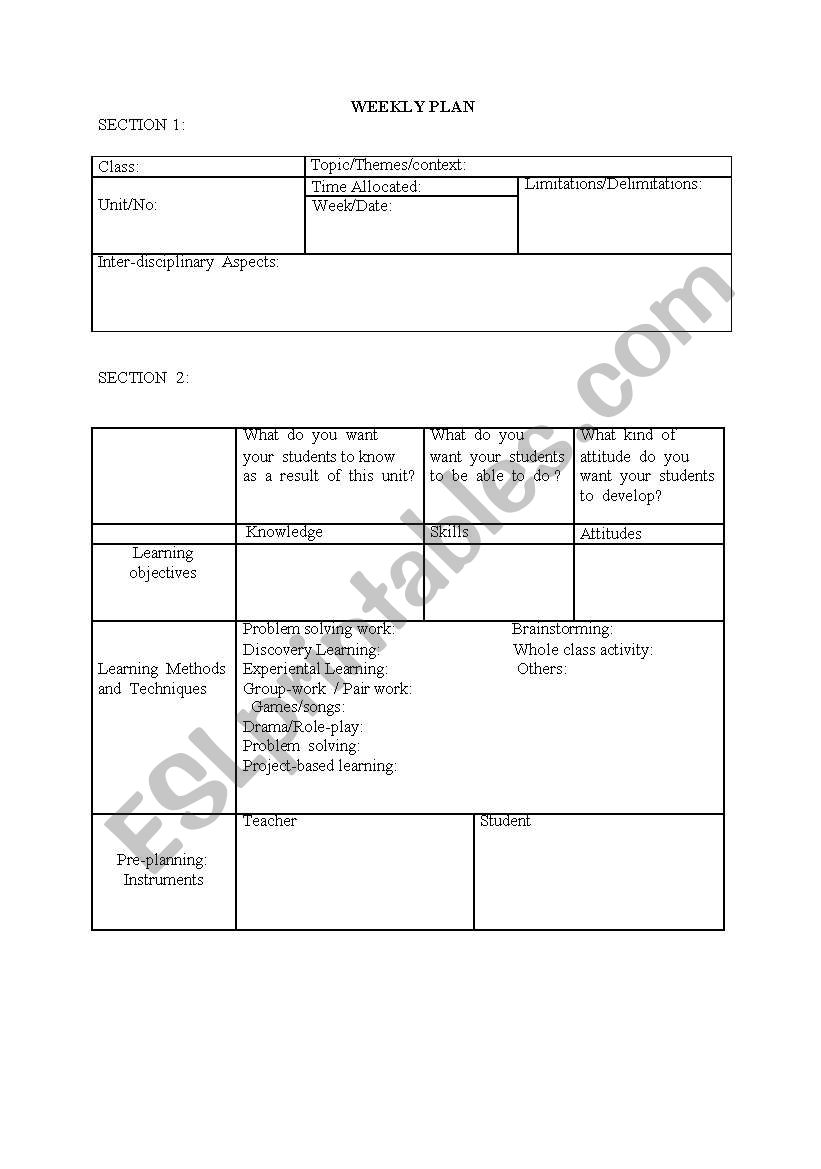 weekly plan for food worksheet