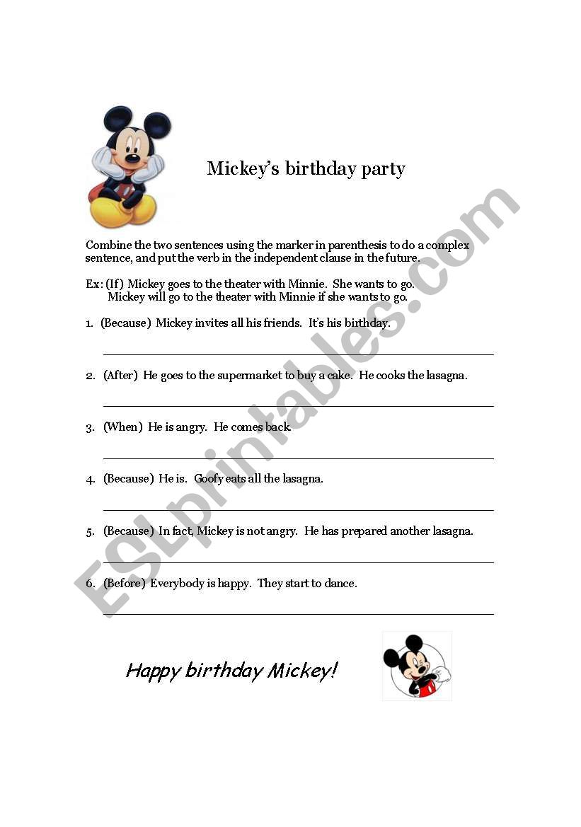Mickeys birthday party worksheet