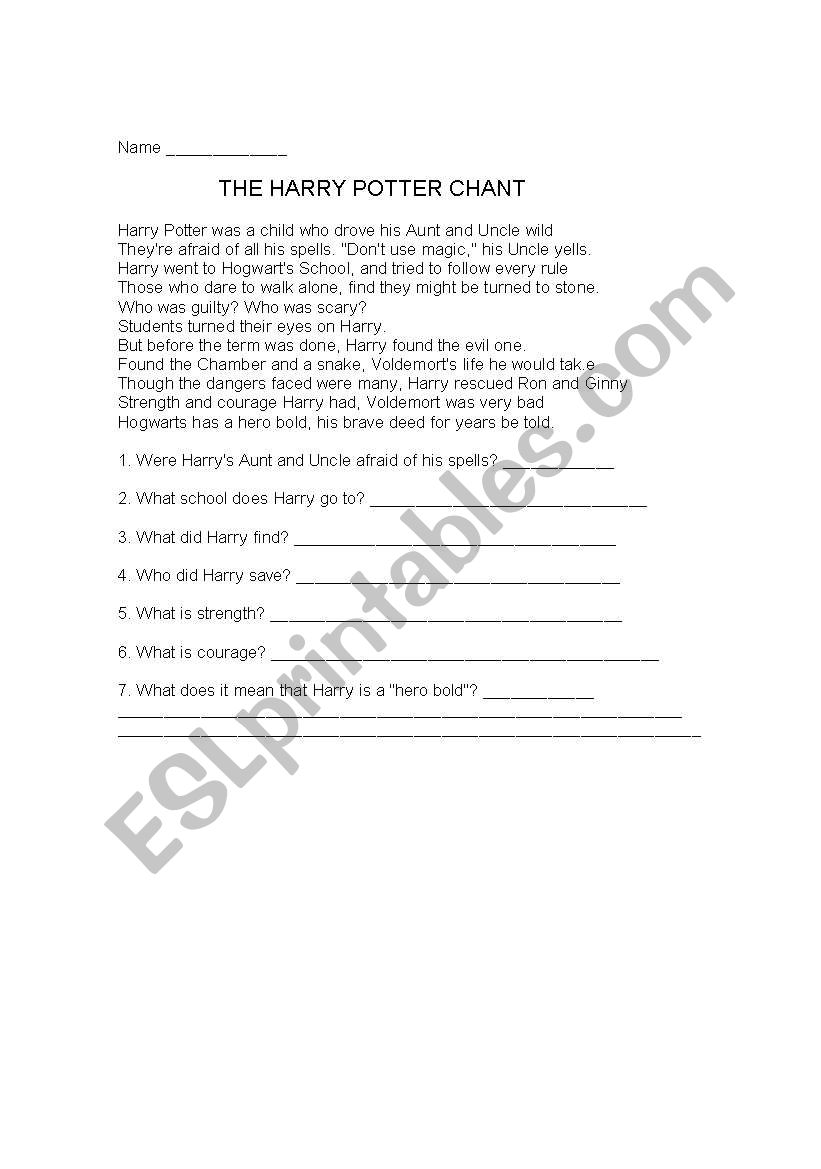 English worksheets: Harry Potter and the Chamber of Secrets