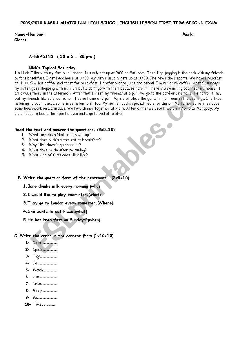 exam for high school worksheet