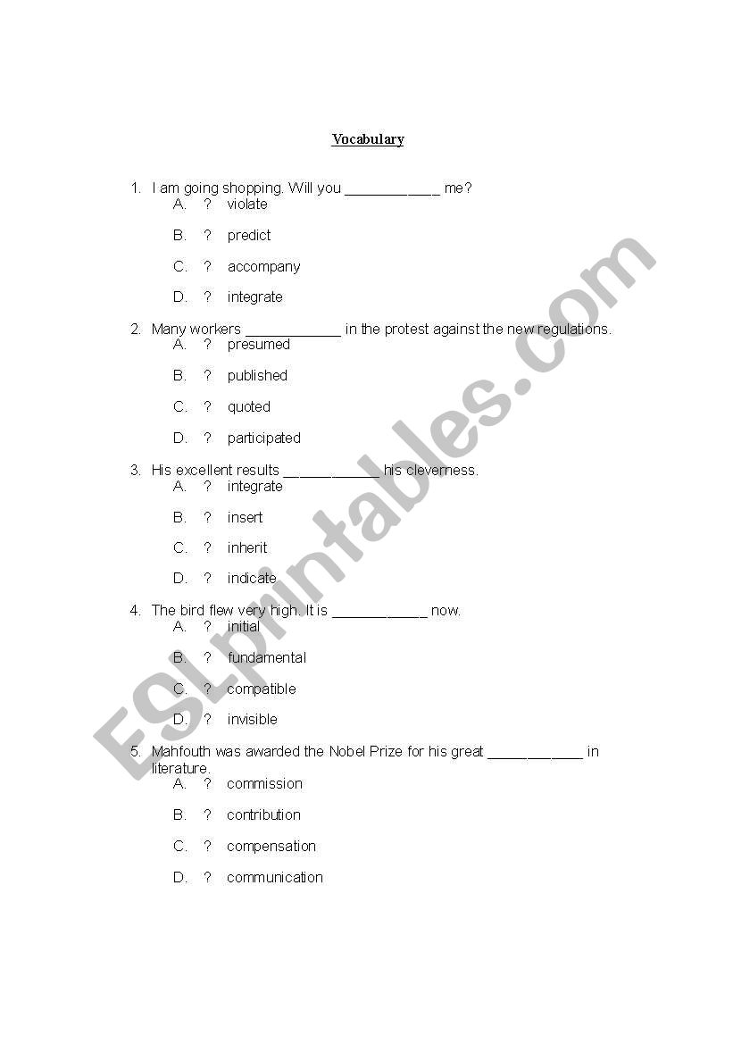 Vocabulary avaluation worksheet