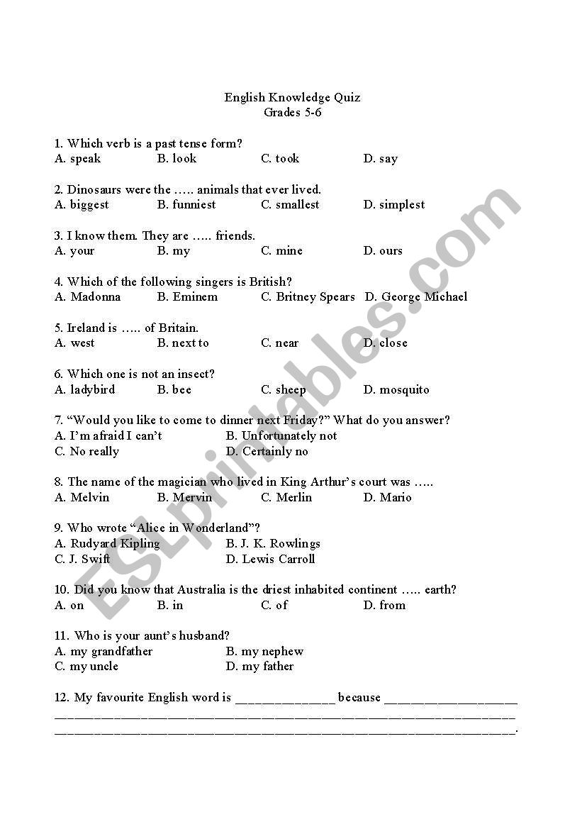 ENGLISH KNOWLEDGE QUIZ worksheet