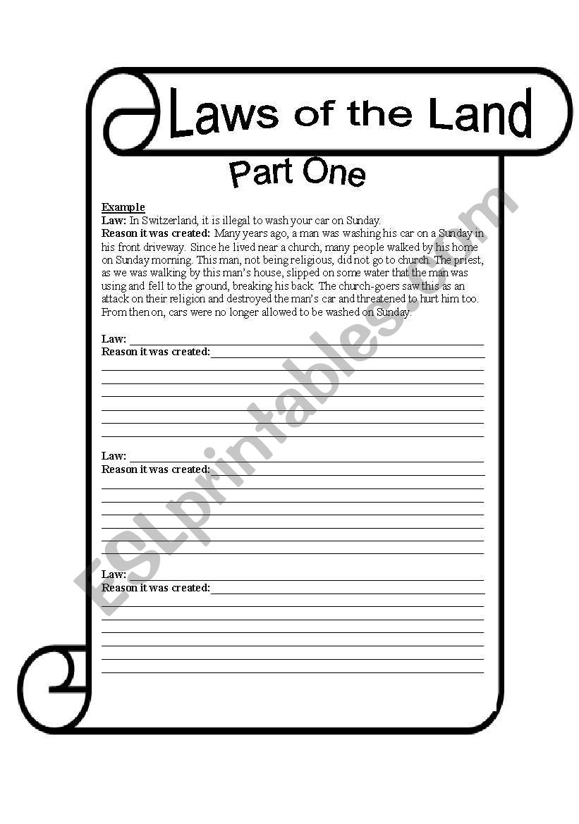 Laws of the Land: Part Oney worksheet