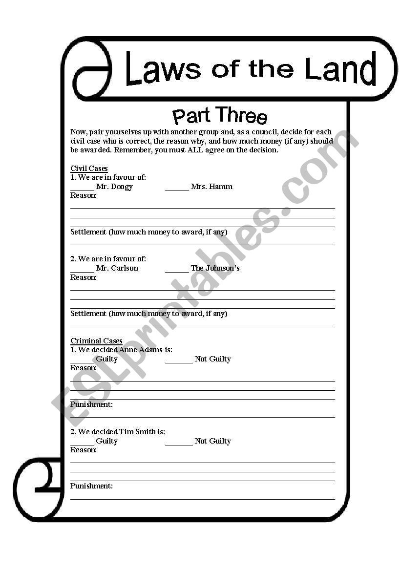 Laws of the Land: Part Three worksheet