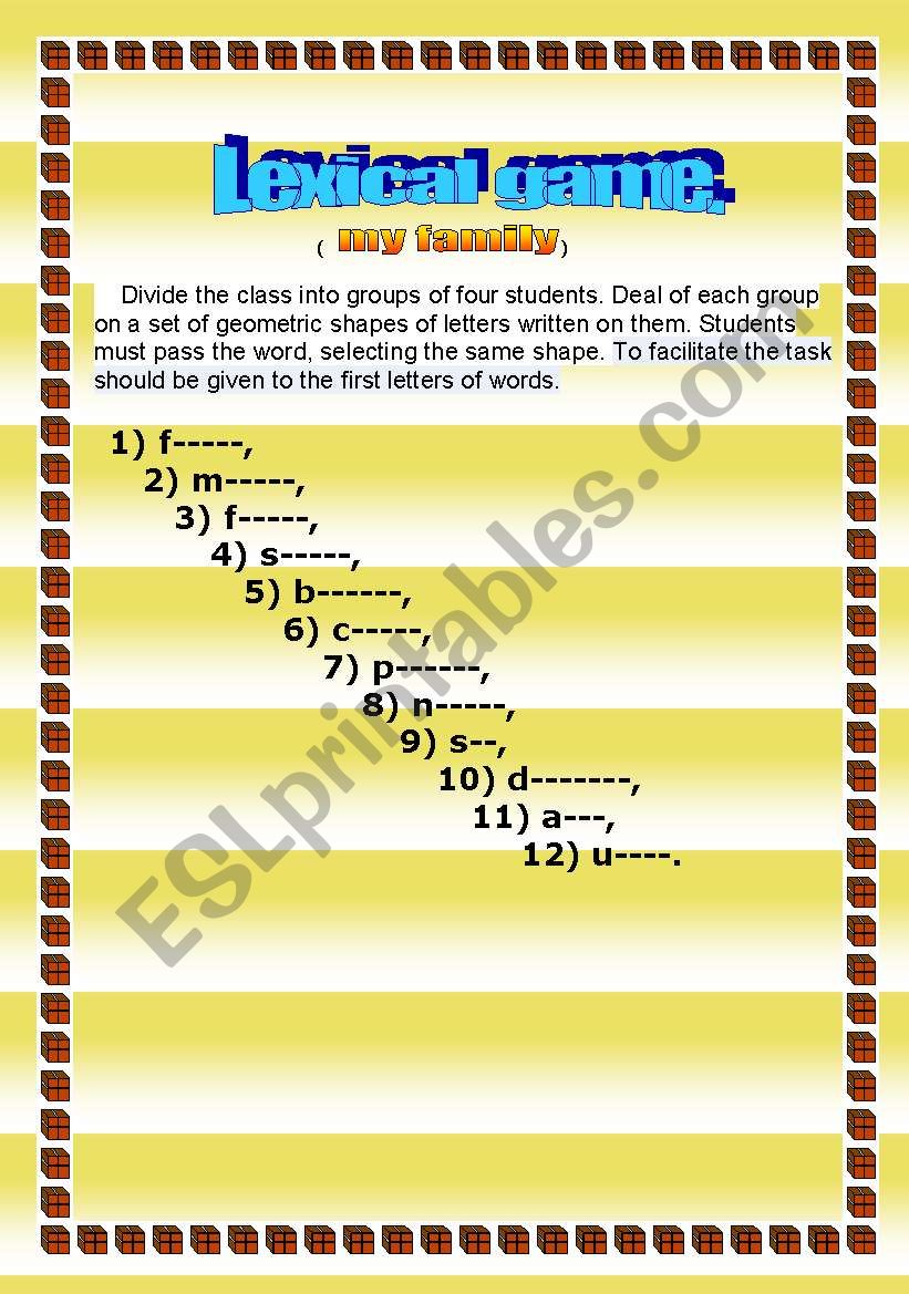 Lexical game ( my family) worksheet