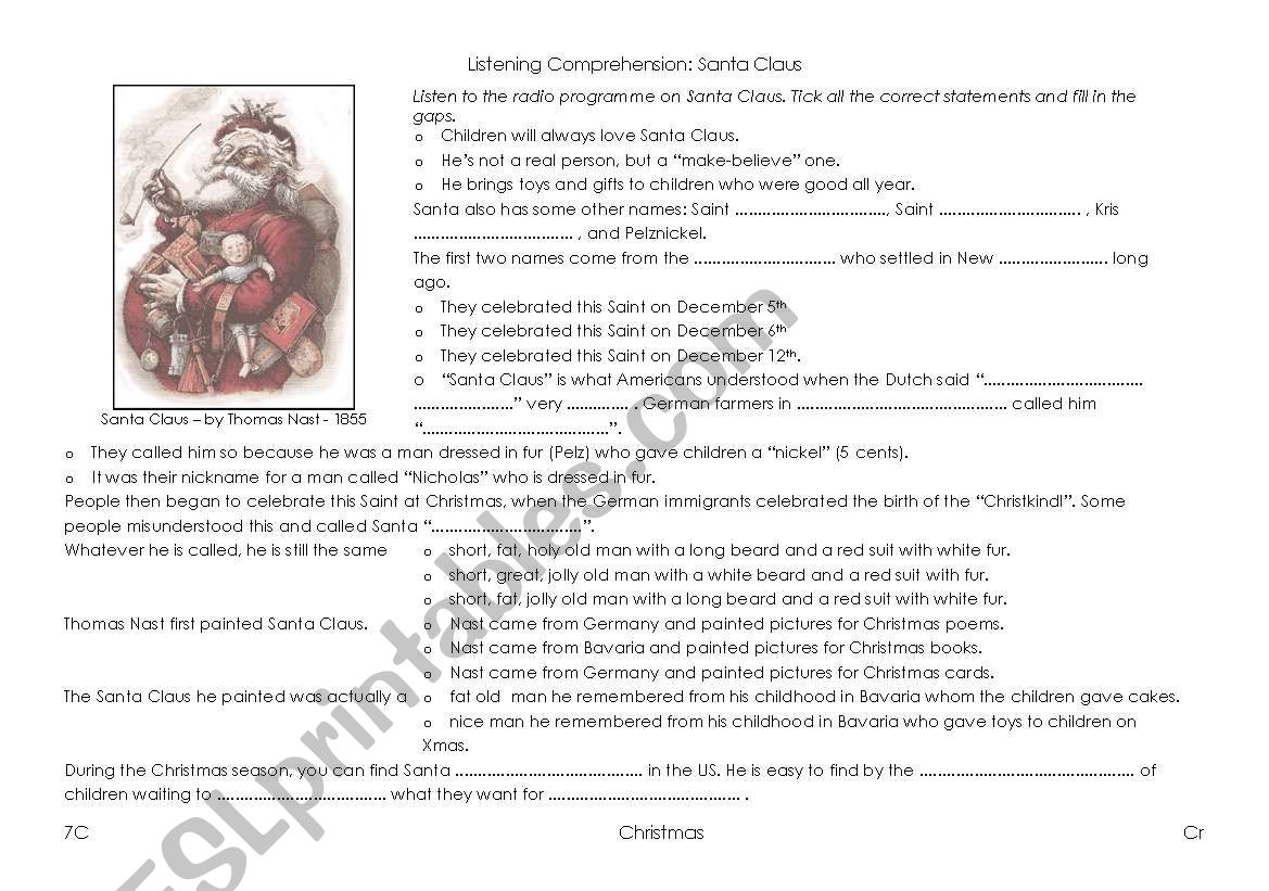 Santa Claus Listening Comprehension (the story of Santa)