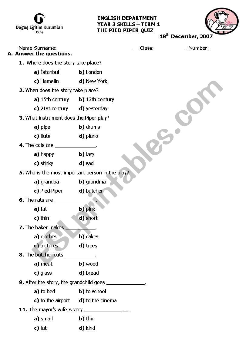 Pied Piper quiz worksheet