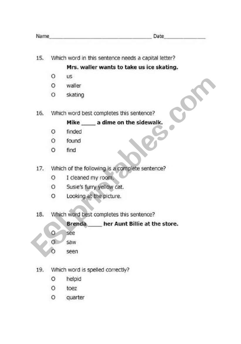 Multiple choice test worksheet