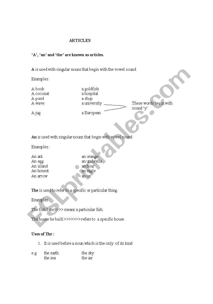 Articles Worksheet worksheet