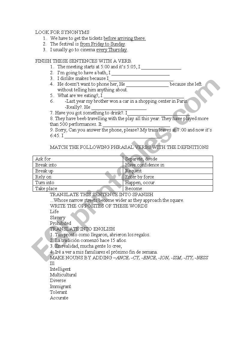 Exam review for 1 Bachiller worksheet