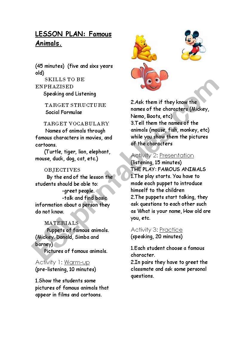 greeting and famous animals worksheet