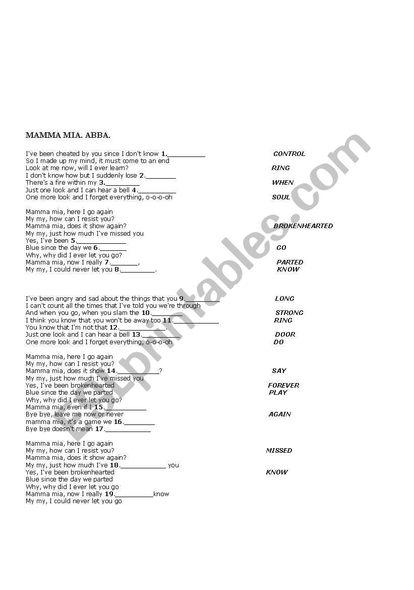 Sing a song: MAMMA MIA (ABBA) worksheet