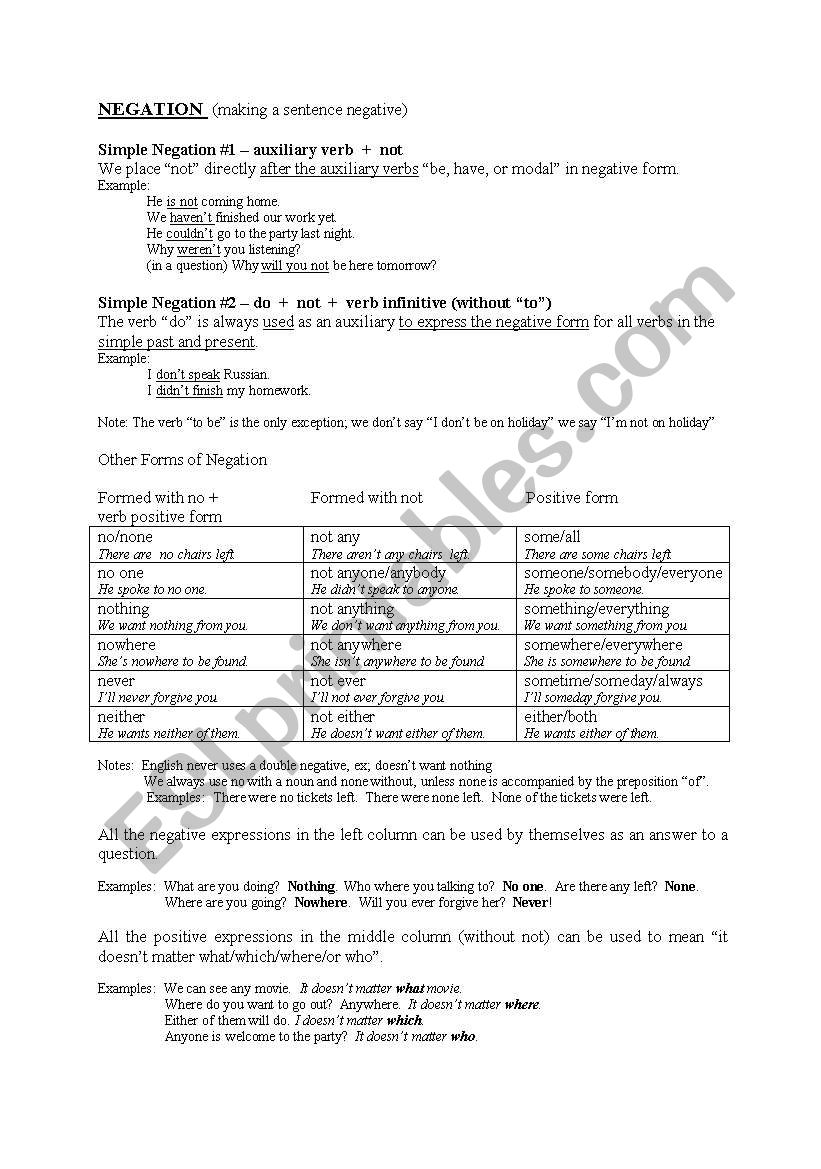 Negative structures worksheet