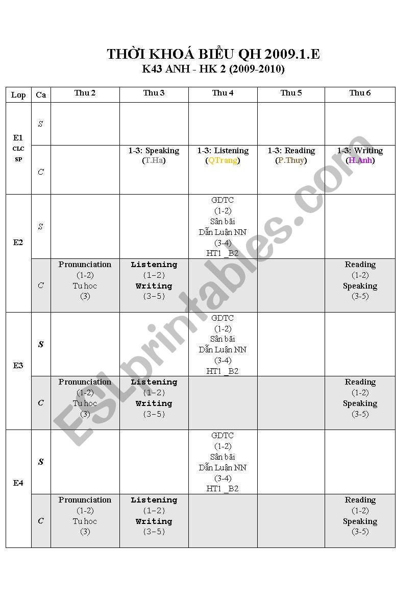 time table worksheet