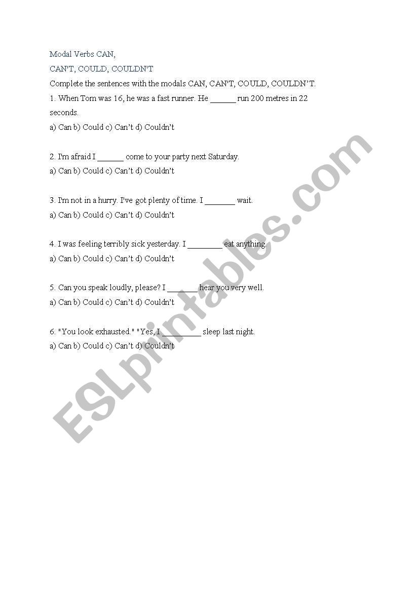 modals worksheet