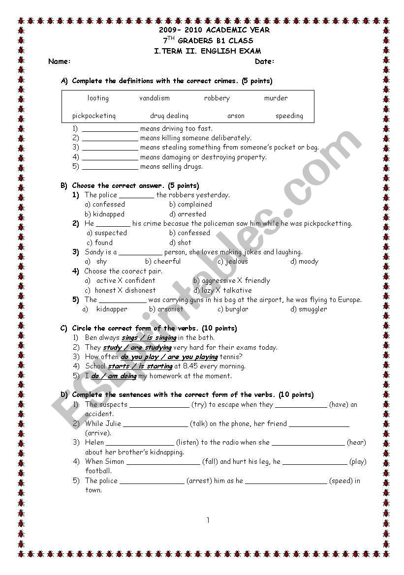 7b1 exam worksheet