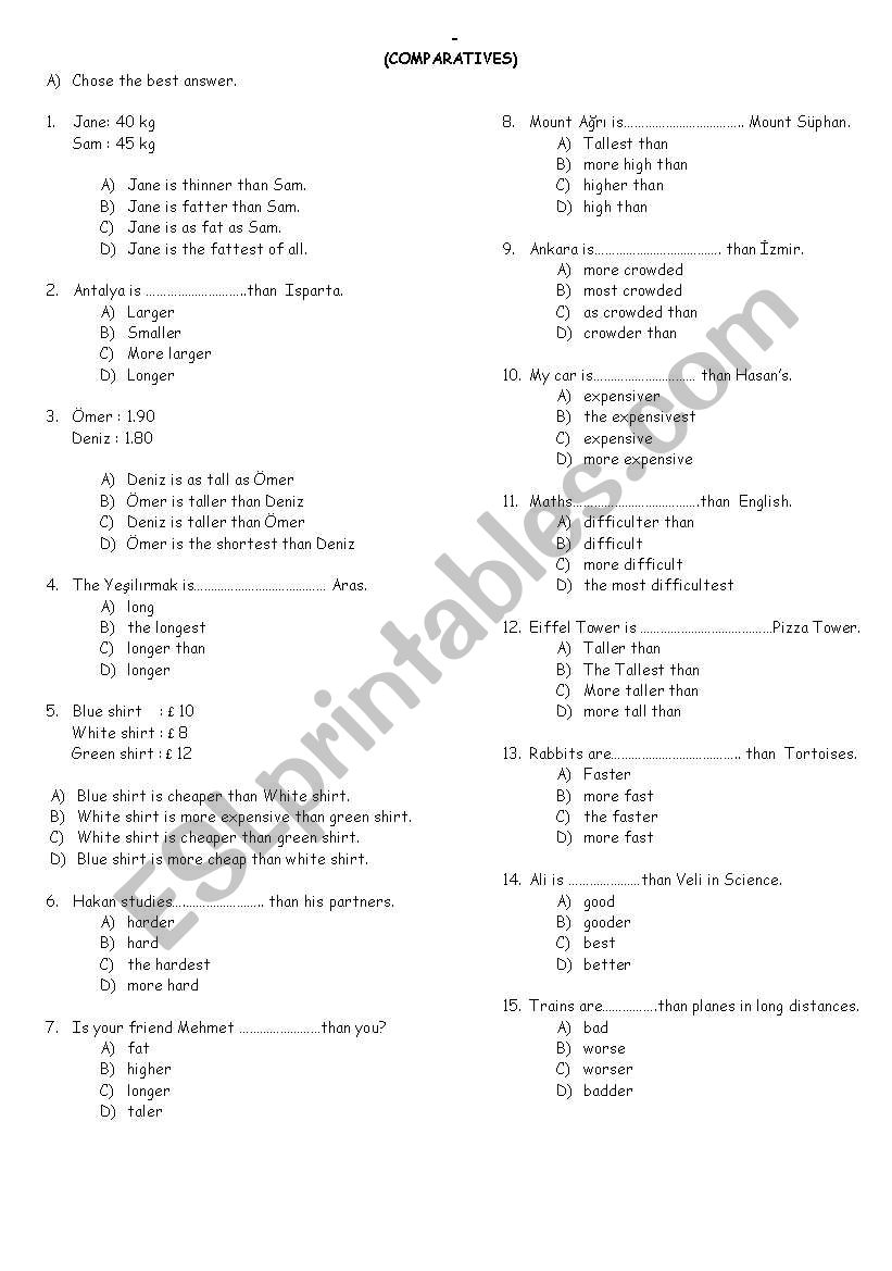 TEST ON COMPARATVES worksheet