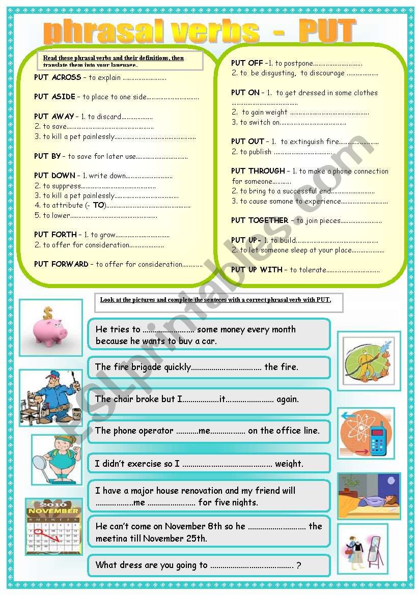 Phrasal Verb PUT ESL Worksheet By Tukany3