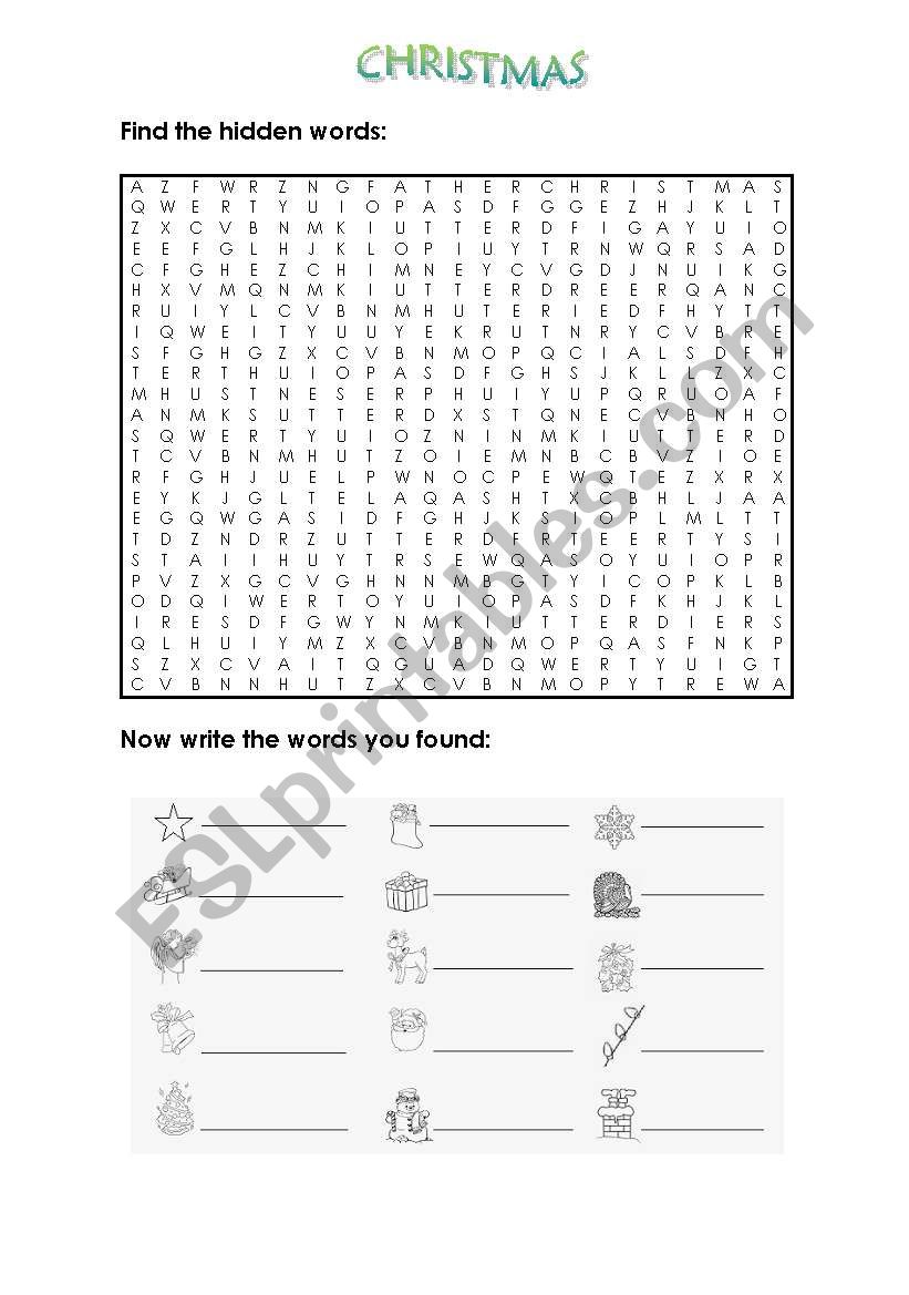 Christmas wordsearch worksheet