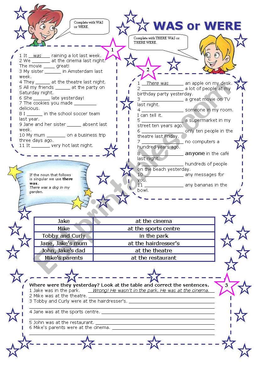 WAS or WERE (2 PAGES) worksheet