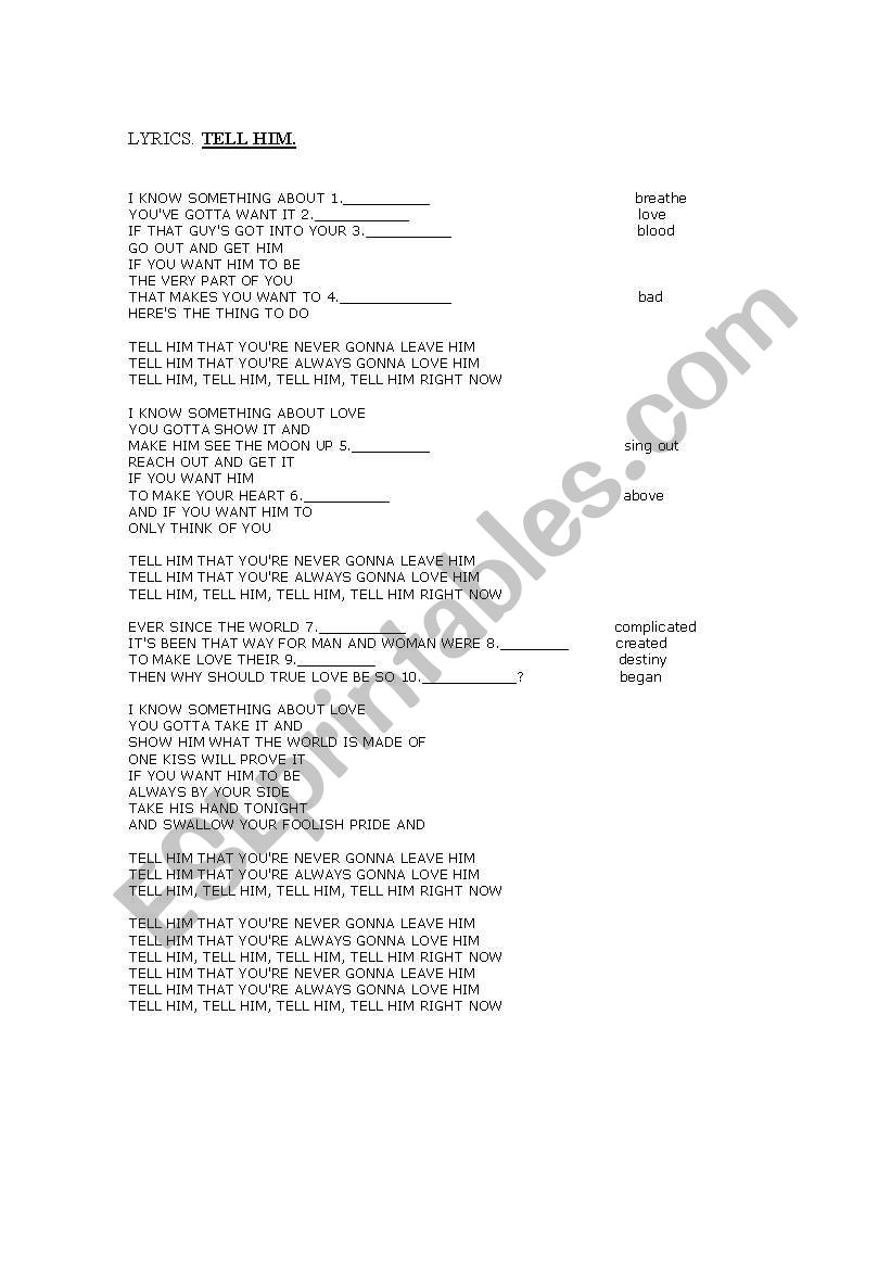 Song: Tell him worksheet