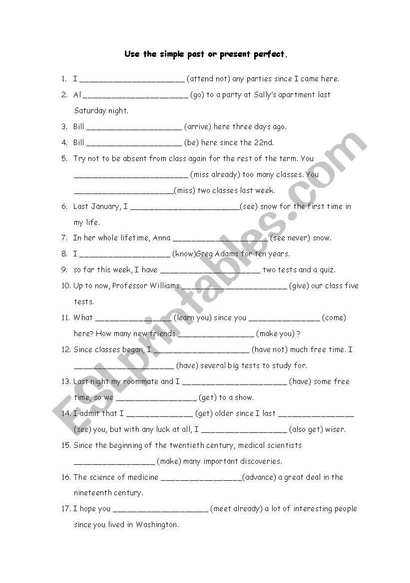 GARMMAR WORKSHEET ABOUT PRESENT PERFECT AND SIMPLE PAST - ESL worksheet ...
