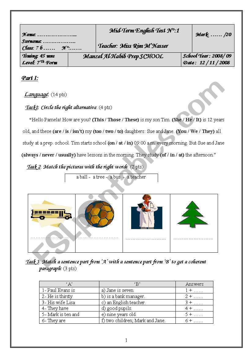 7 Th Form Mid-Term Test (Term 1)