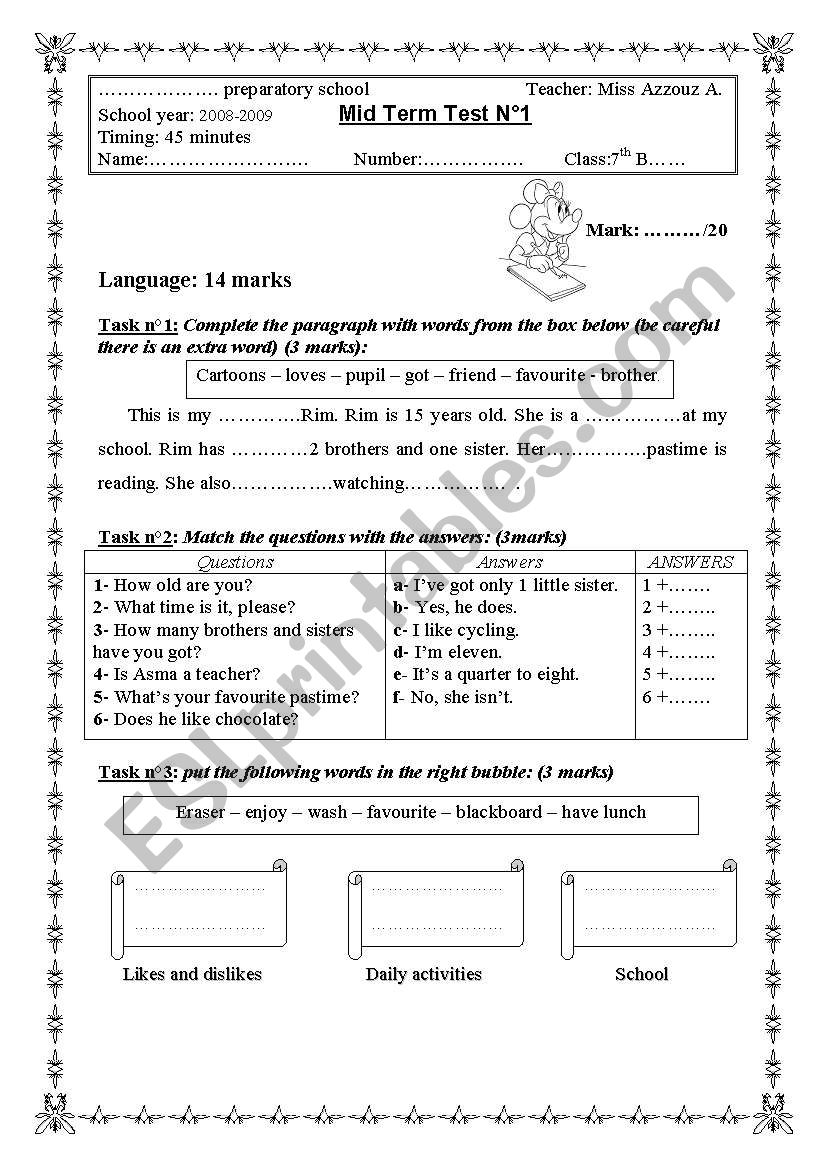 Mid term test n1 worksheet