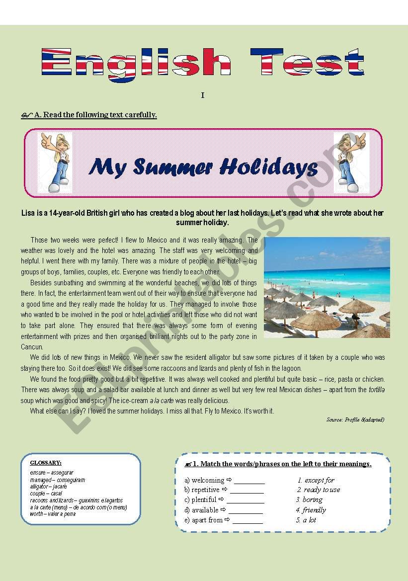 SUMMER HOLIDAYS (Reading comprehension) - ESL worksheet by veraviana