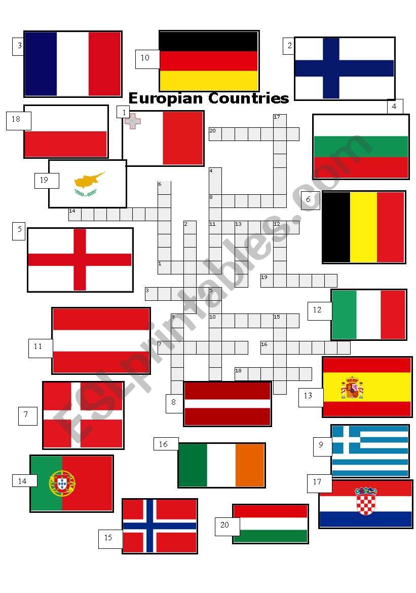 Europian Countries Crossword ESL worksheet by tentere