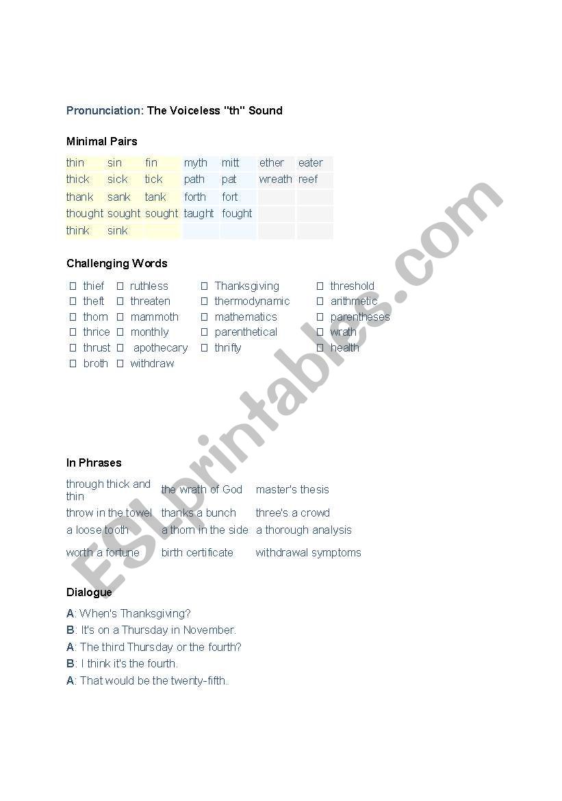 Pronunciation Th sound worksheet