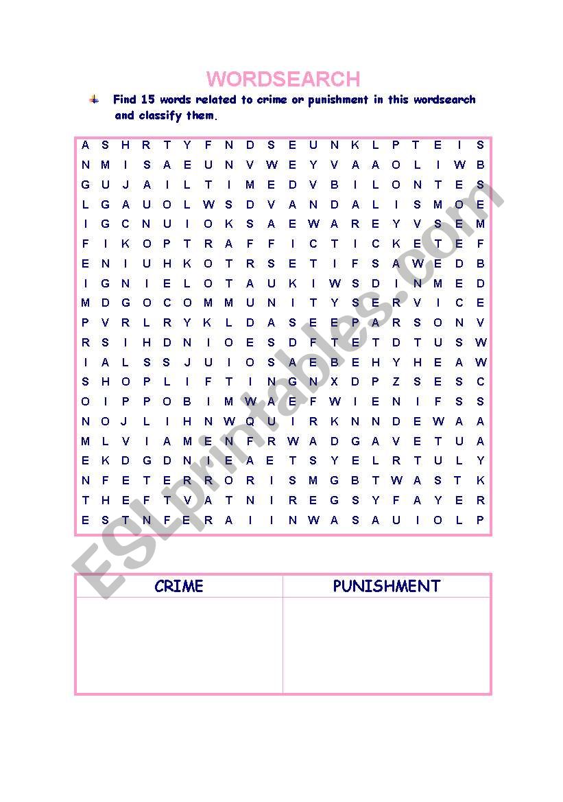 English Worksheets Wordsearch Crime Punishment