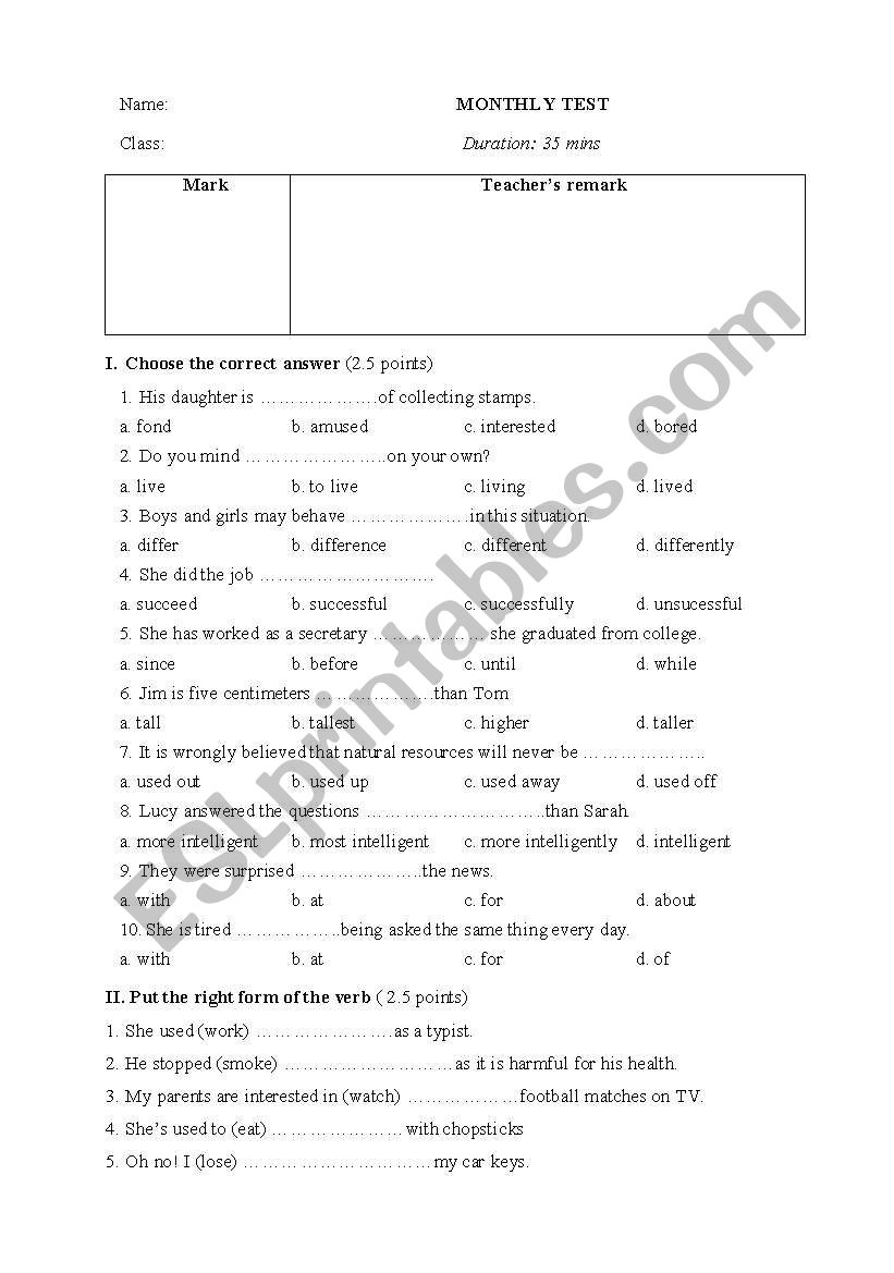 Monthy test worksheet