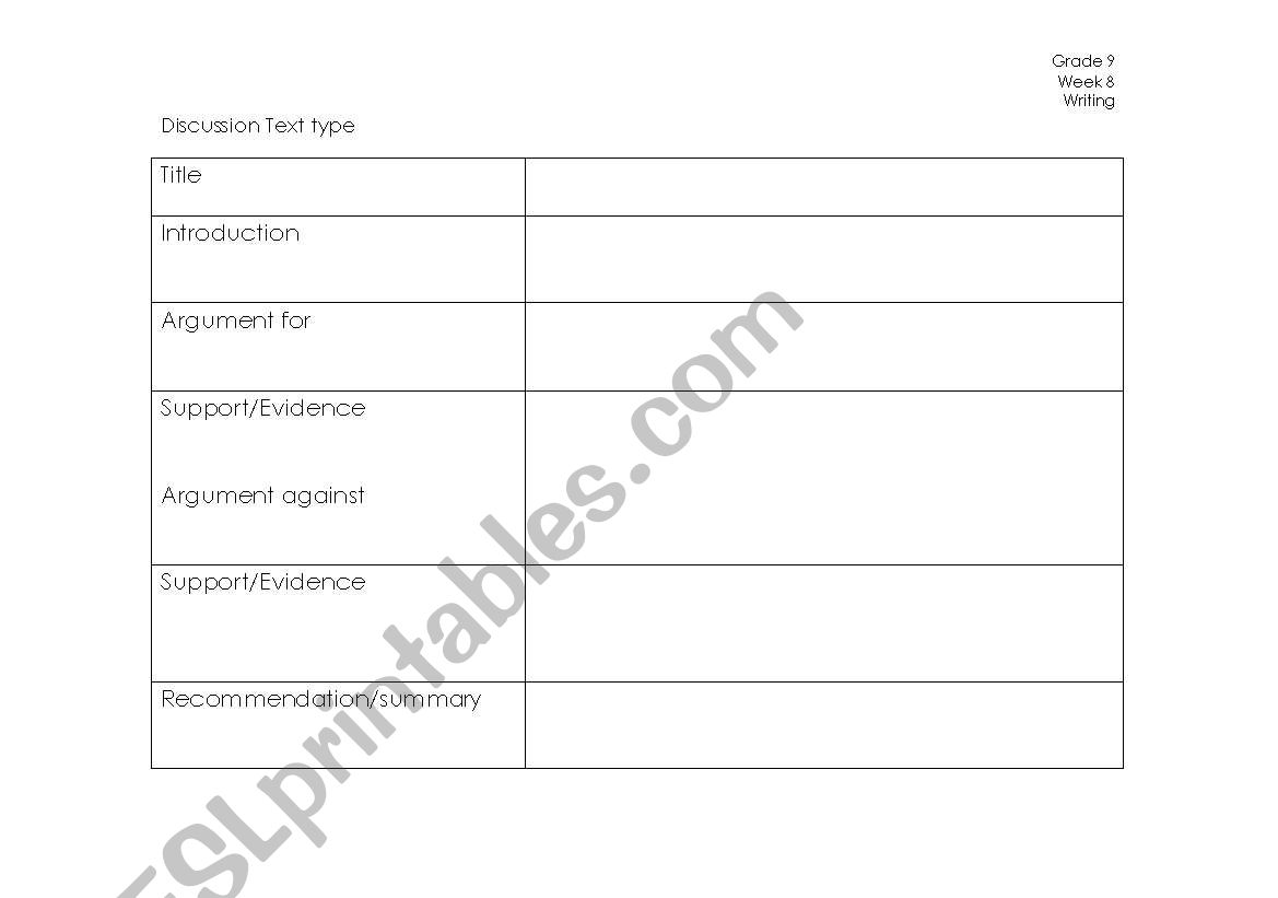 Discussion  text type planner worksheet