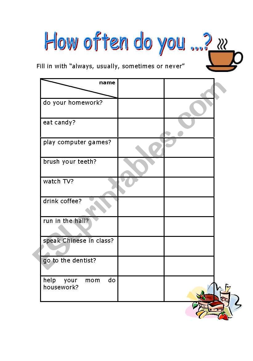 Good and Bad habits survey worksheet