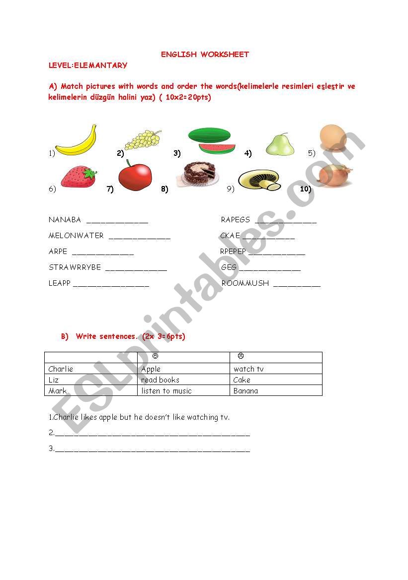food and drinks and likes worksheet