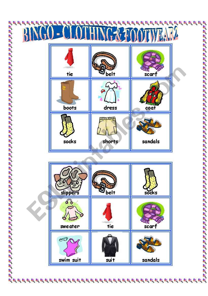 Bingo - clothes and footwear 2/5 - ESL worksheet by natushka