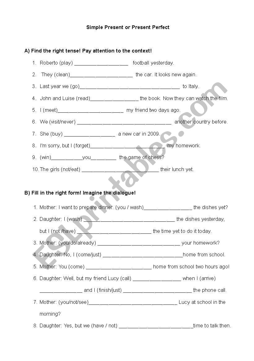 Simple Present or Present Perfect - ESL worksheet by Stefano13